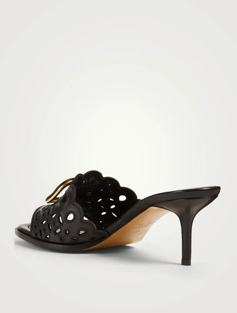 VLOGO Leather Heeled Mule Sandals With San Gallo Embroidery
