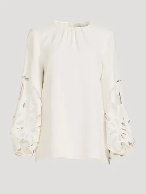 Palm Leaf Balloon-Sleeve Blouse