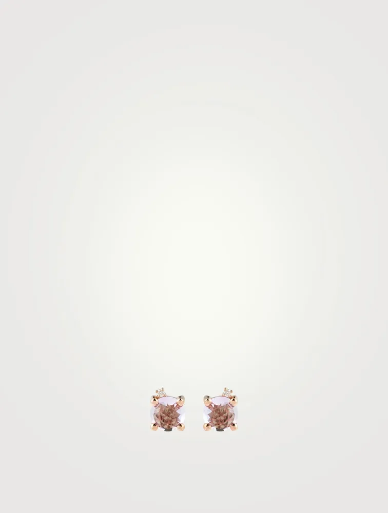 14K Rose Gold Stud Earrings With Rose De France And Diamonds