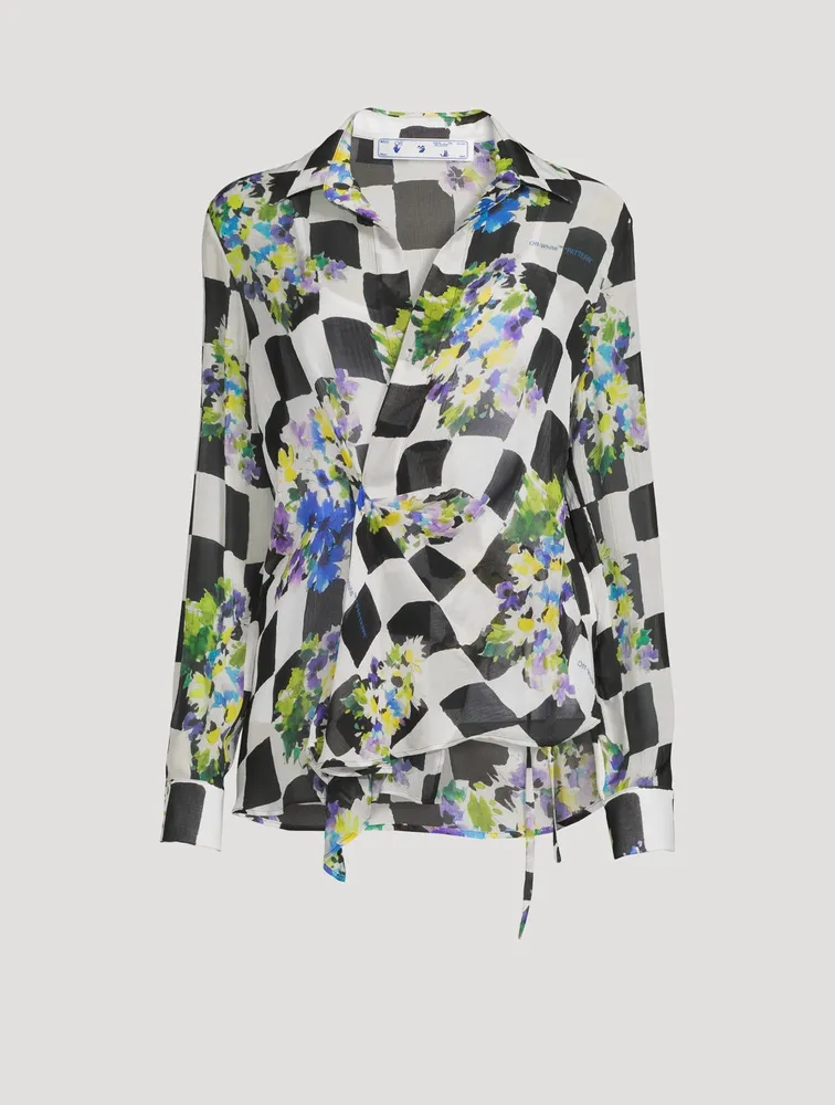 Silk-Blend Wrap Blouse Check Print