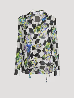 Silk-Blend Wrap Blouse Check Print