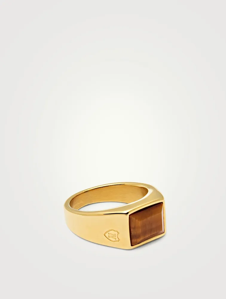 18K Gold Plated Square Signet Ring With Brown Tiger Eye