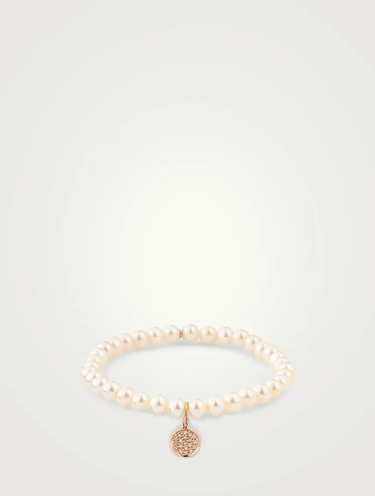 Pearl Beaded Bracelet With 14K Gold Diamond Disc Charm