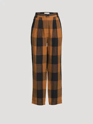 Dita Linen High-Waisted Pants Gingham Print