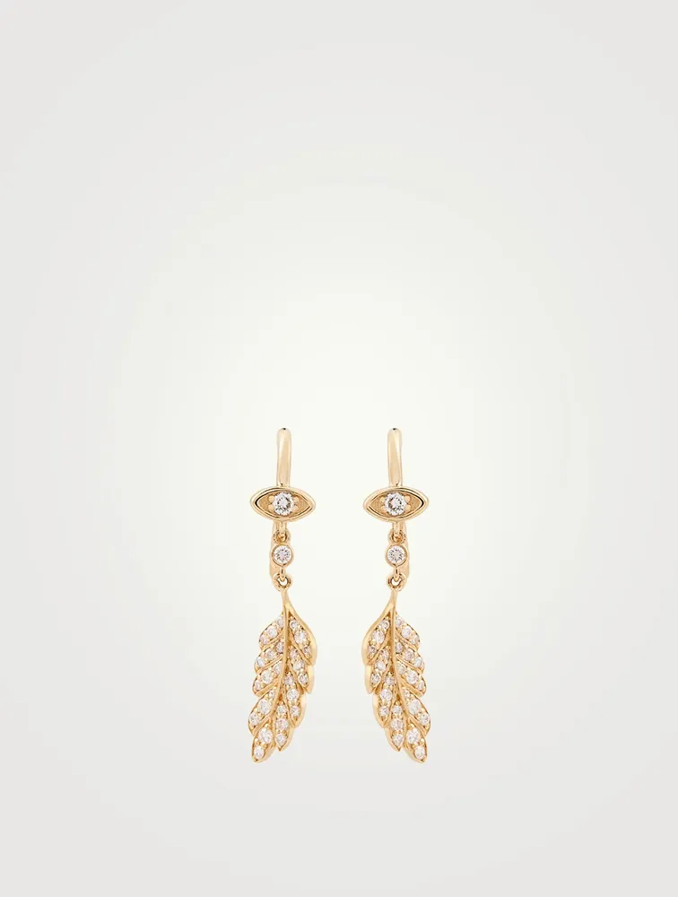 14K Gold Marquis Evil Eye Feather Drop Earrings