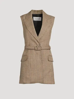 Belted Virgin Wool Vest Houndstooth Print