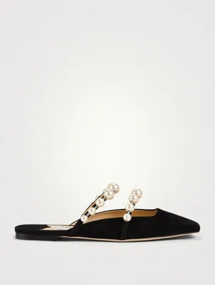 Amaya Suede Flat Mules With Pearls