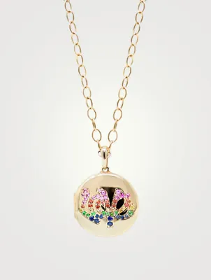 Rainbow 14K Gold Love Locket Necklace With Multicolour Sapphire