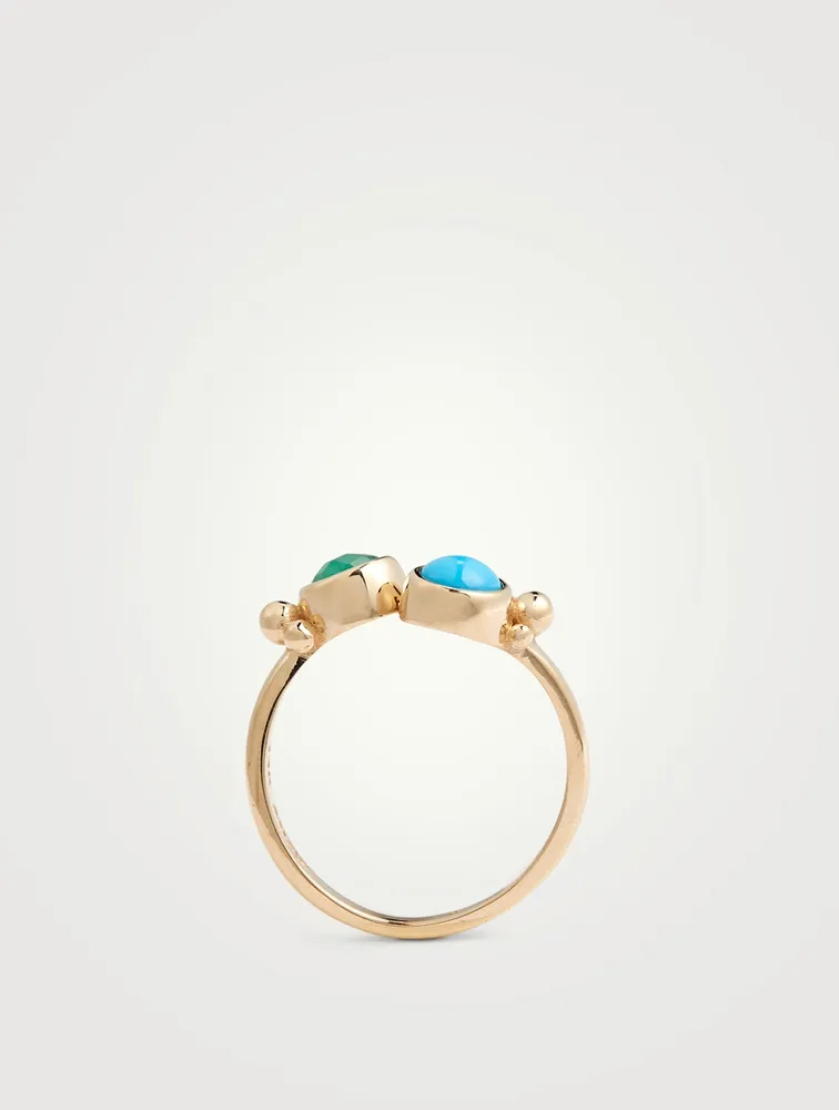 Dew Drop 14K Gold Bubbling Brook Twist Ring With Turquoise And Emerald