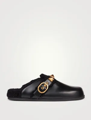 Roman Stud Leather And Shearling Flat Mules