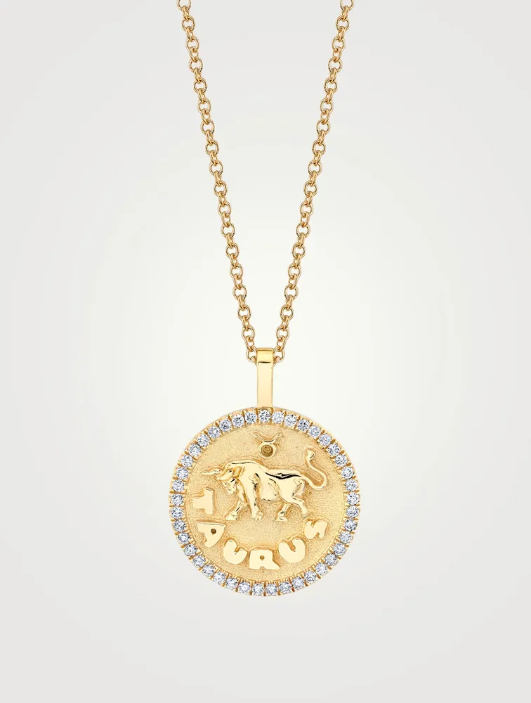 18K Gold Zodiac Taurus Coin Pendant Necklace With Diamonds