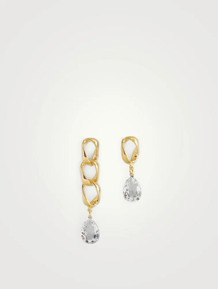 20K Gold Plated Asymmetrical Chain Link Earrings With Crystal Charms