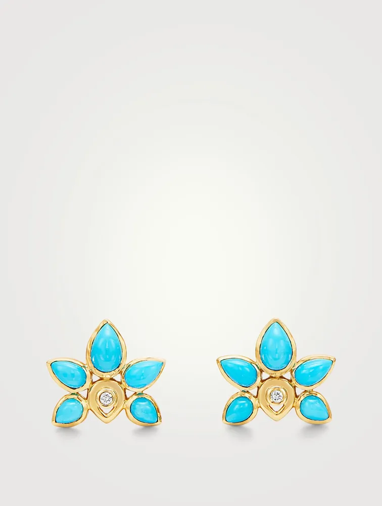 18K Gold Lotus Earrings With Turquoise And Diamonds