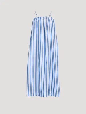 Cotton Strapless Midi Dress Striped Print