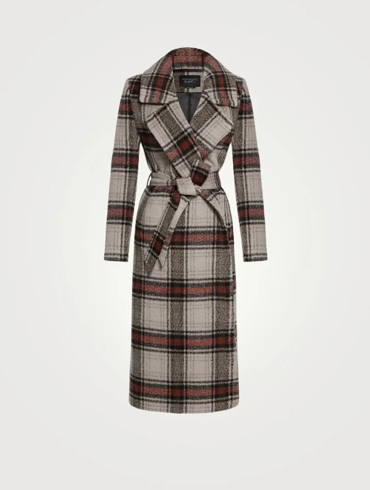 Alpaca Long Wrap Coat Plaid Print