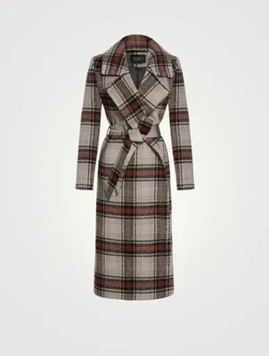 Alpaca Long Wrap Coat Plaid Print