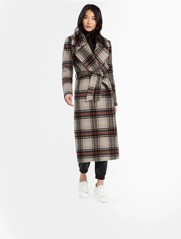 Alpaca Long Wrap Coat Plaid Print