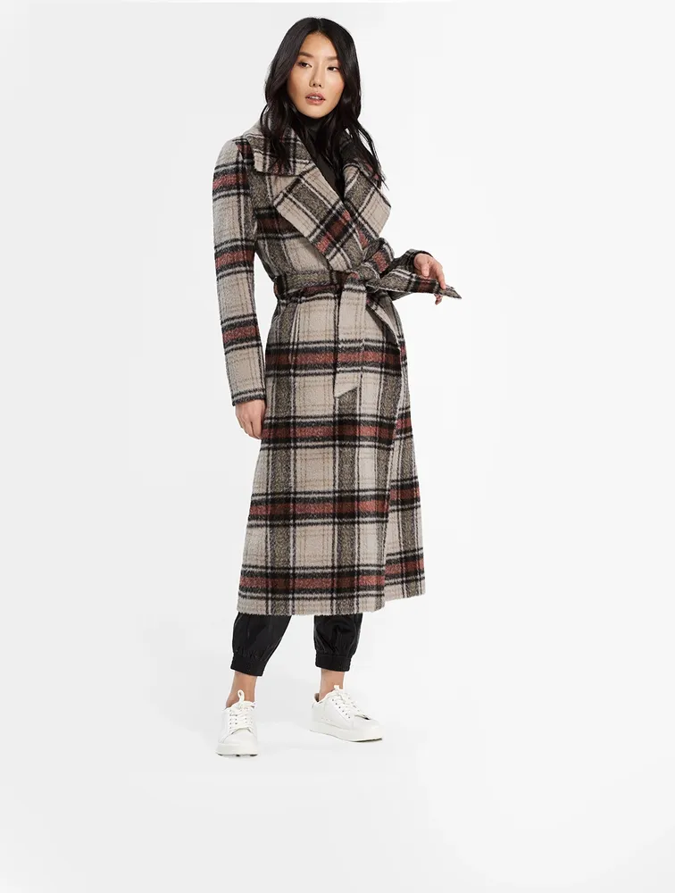 Alpaca Long Wrap Coat Plaid Print