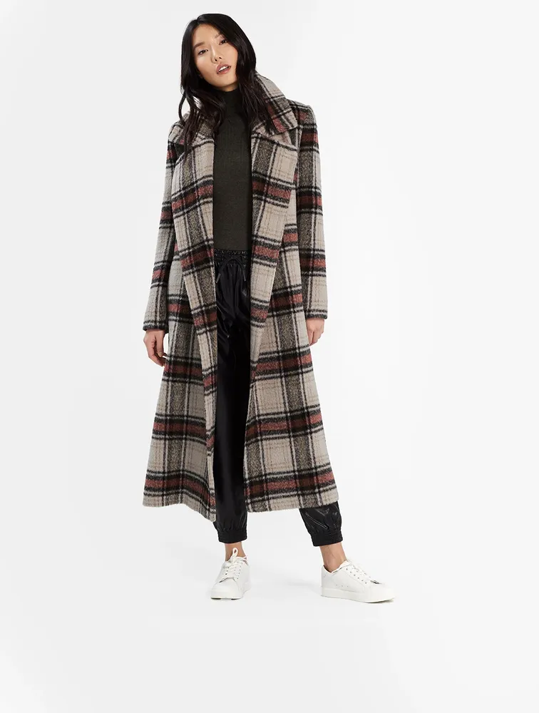 Alpaca Long Wrap Coat Plaid Print