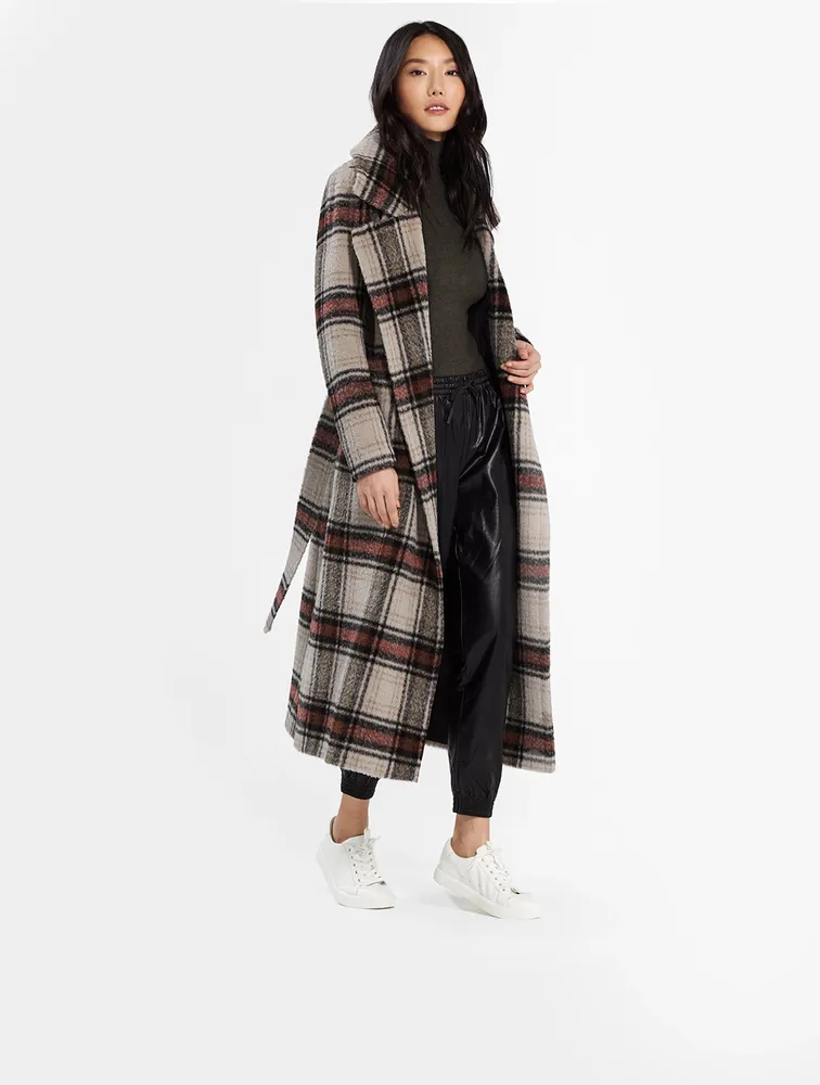 Alpaca Long Wrap Coat Plaid Print