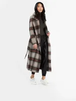 Alpaca Long Wrap Coat Plaid Print