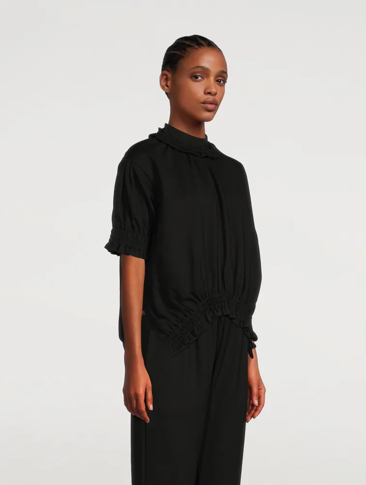 Spongey Ruched Jersey Puff-Sleeve Top