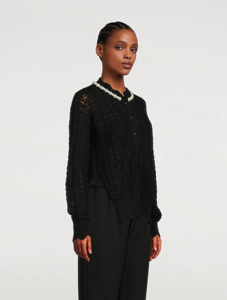 Scallop Edge Knit Cardigan With Beading