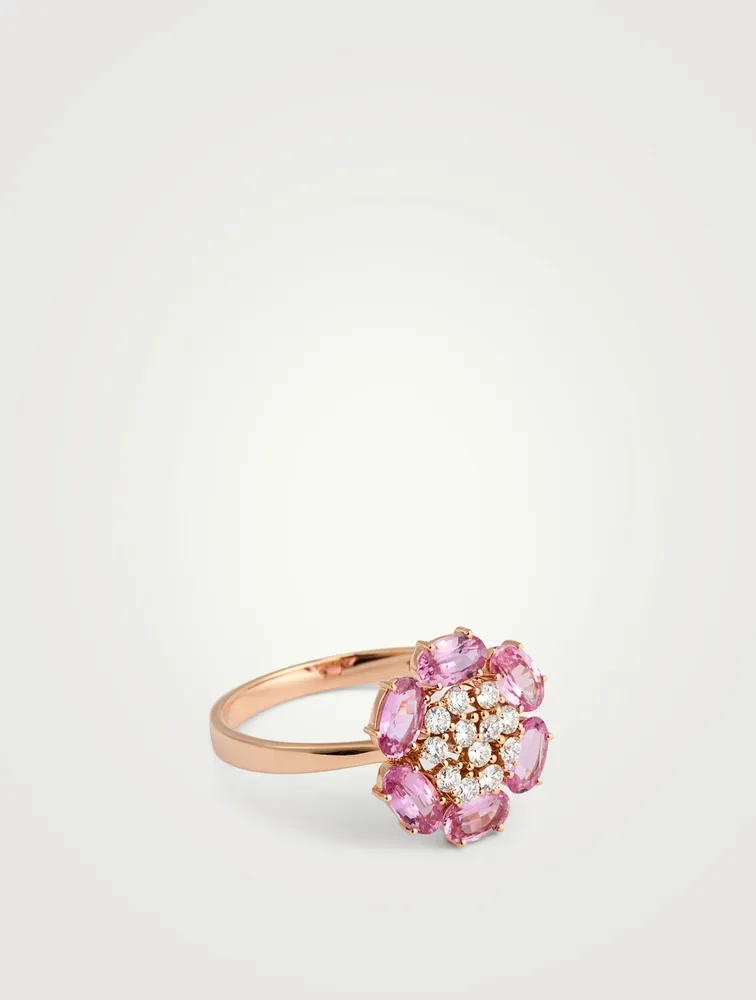 Bestow 18K Rose Gold Flower Ring With Pink Sapphire And Diamonds