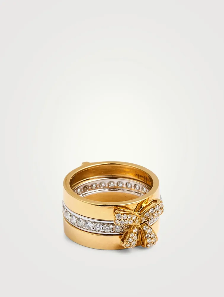 Romance Two-Tone 18K Gold Ribbon Ring With Diamonds