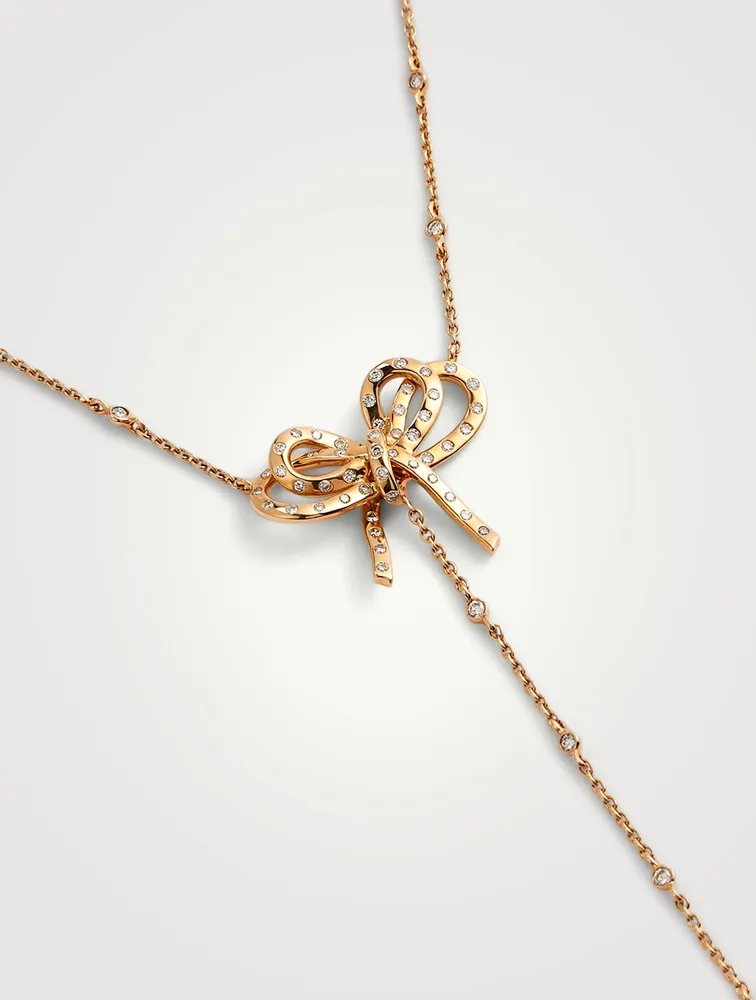 Romance 18K Rose Gold Ribbon Lariat Necklace With Diamonds