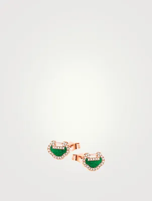Petite Yu Yi 18K Rose Gold Stud Earrings With Diamonds And Jade