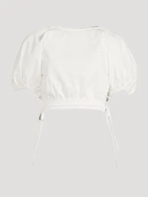 Adelle Drill Balloon-Sleeve Crop Top