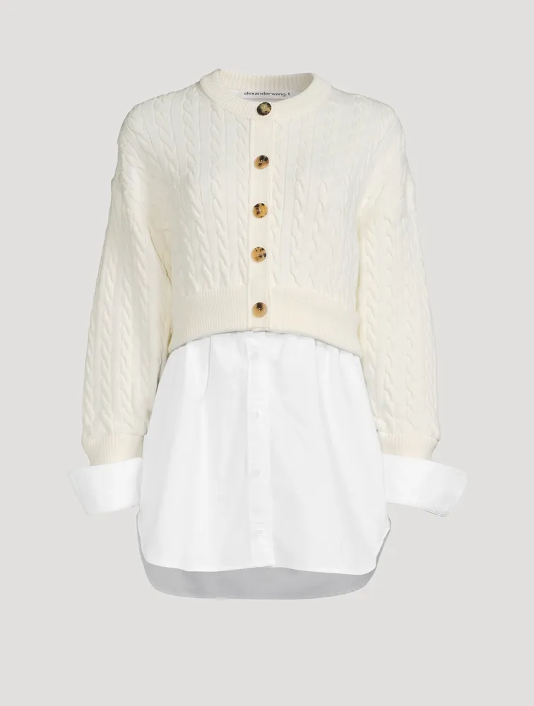 Cotton Oxford And Wool Cable Knit Layered Top