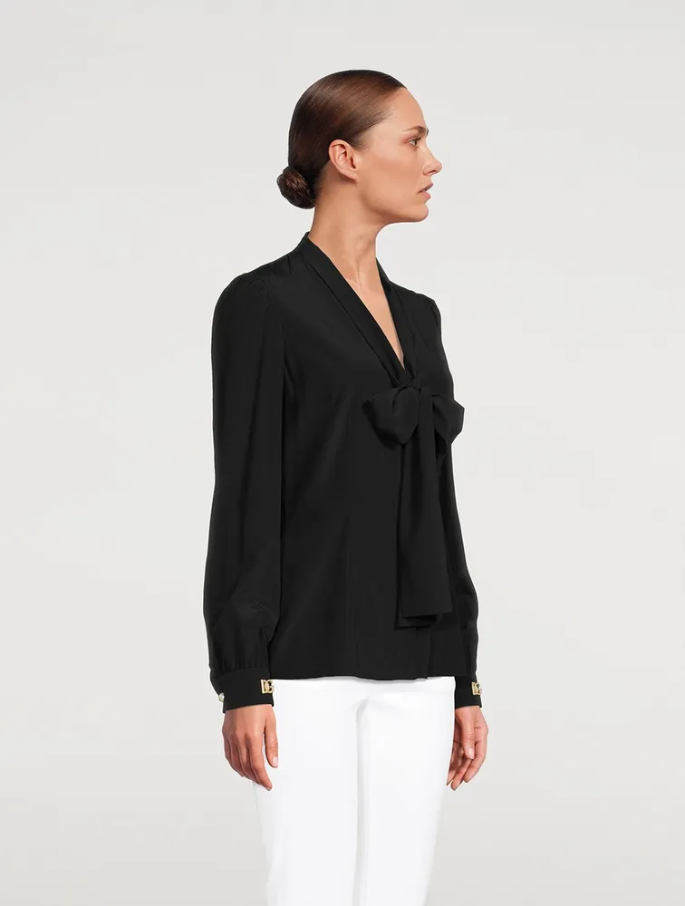 Crepe de Chine Pussy-Bow Blouse With Crystal Logos