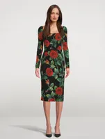 Stretch Silk Midi Dress Rose Print