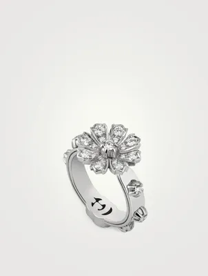 18K White Gold Flower Ring With Diamonds
