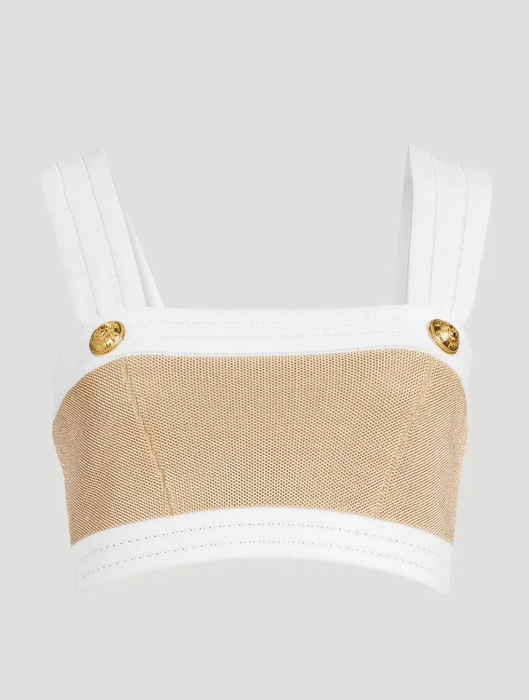 Goldtone-Button Sleeveless Crop Top