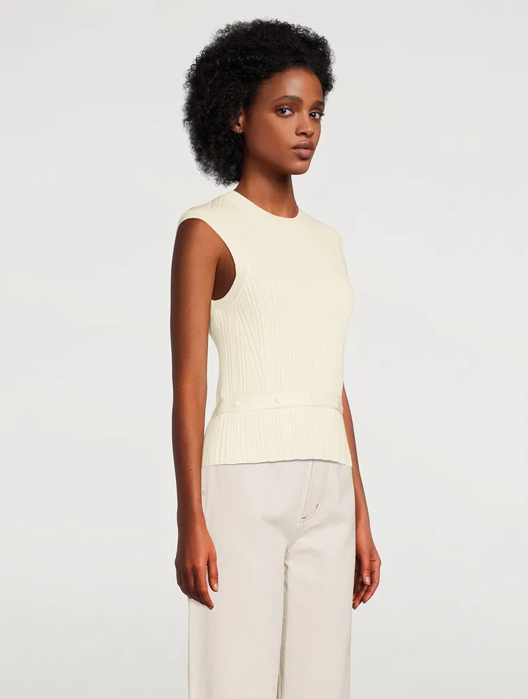 Ribbed Merino Wool Sleeveless Sweater With Detachable Hem
