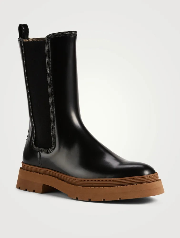 Leather Mid-Calf Chelsea Boots With Monili