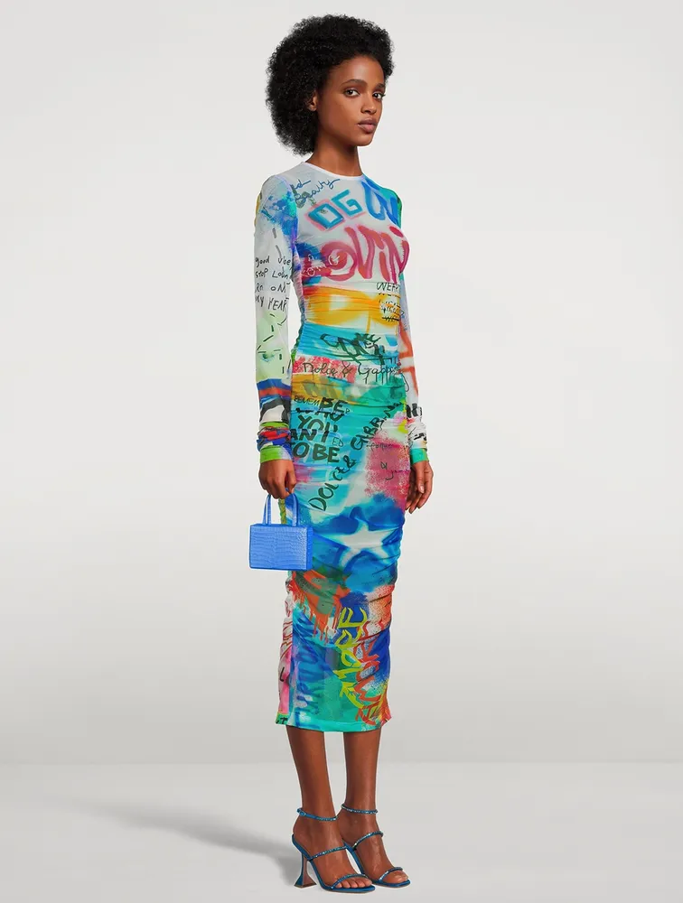 Tulle Midi Dress Graffiti Print