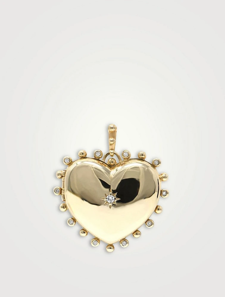 Large Dew Drop 14K Gold Heart Locket With Diamonds