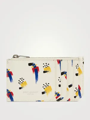 Leather Zipped Card Case In Brush Stroke Print