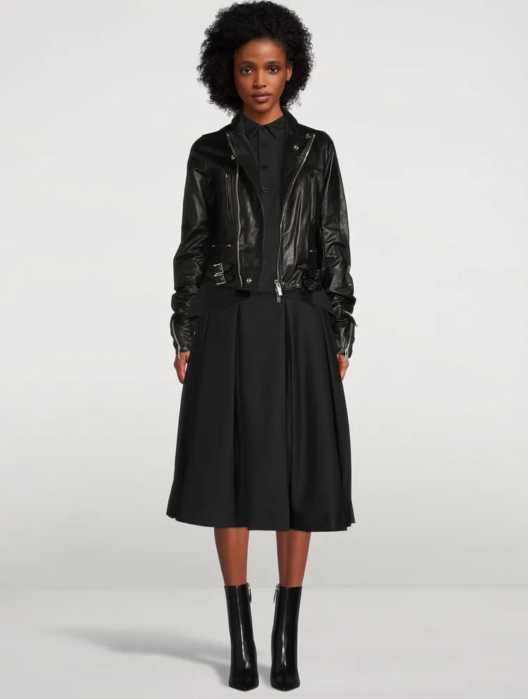 Ruched Leather Moto Jacket