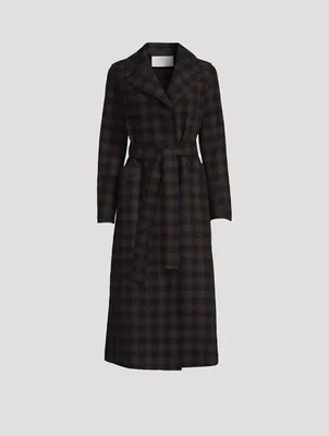 Wool-Blend Long Wrap Coat Gingham Print