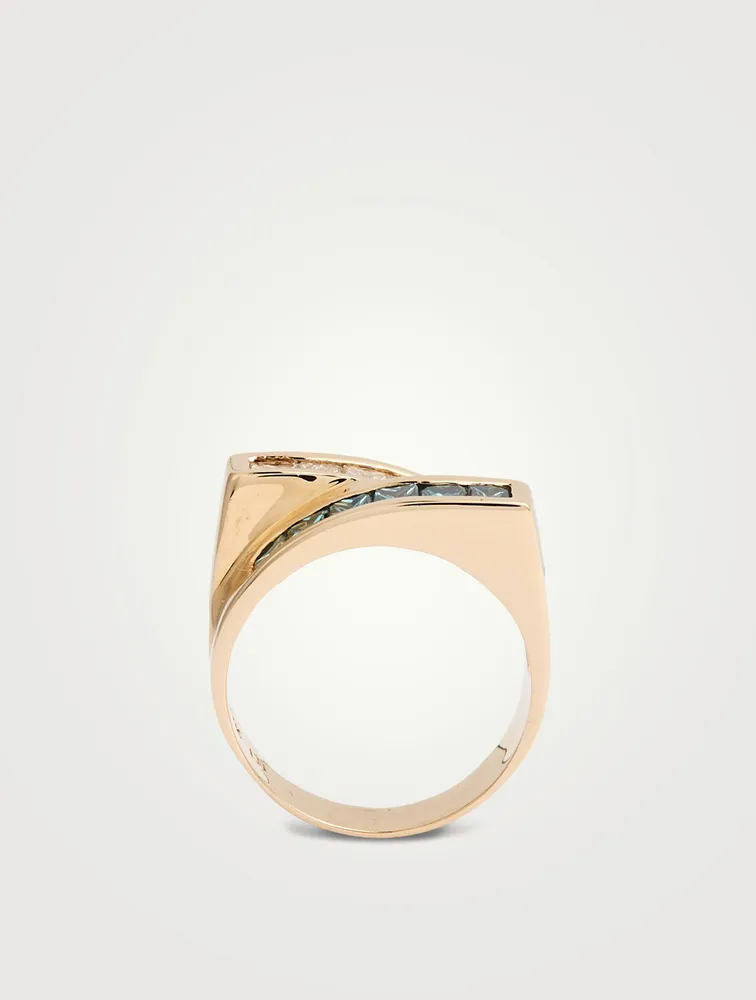 Estate 14K Gold Bypass Ring With White And Blue Diamonds