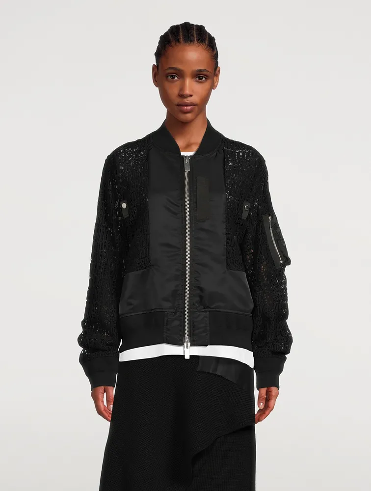 Message Embroidered Lace Bomber Jacket