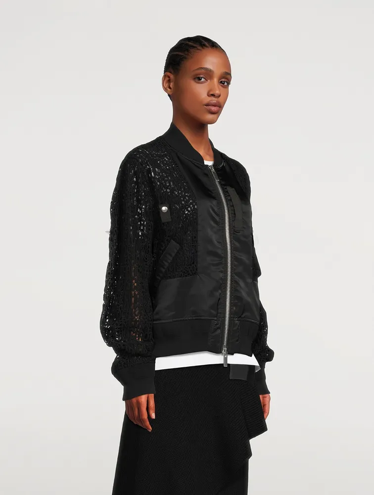 Message Embroidered Lace Bomber Jacket