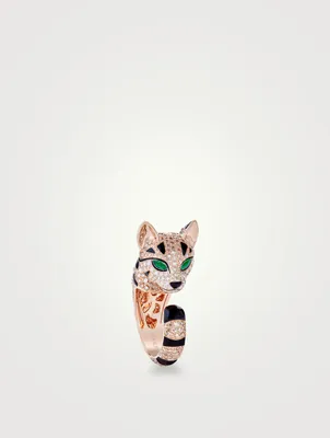Fuzzy The Leopard Cat Rose Gold Ring With Emeralds and Diamonds