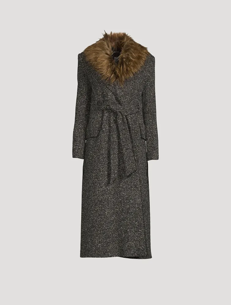 Belt Coat With Detachable Faux Fur Collar