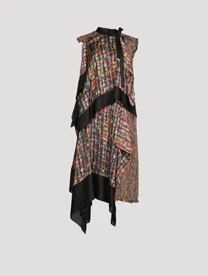 Asymmetric Satin Midi Dress Tweed Print